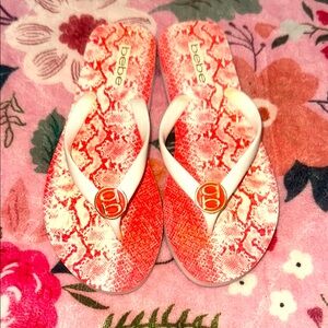 Bebe Red and White Patterned Flip Flops